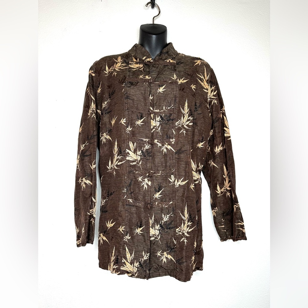 Silkland Women’s Chinese Silk Blouse Size 1X Brown Floral Frog Buttons Vintage